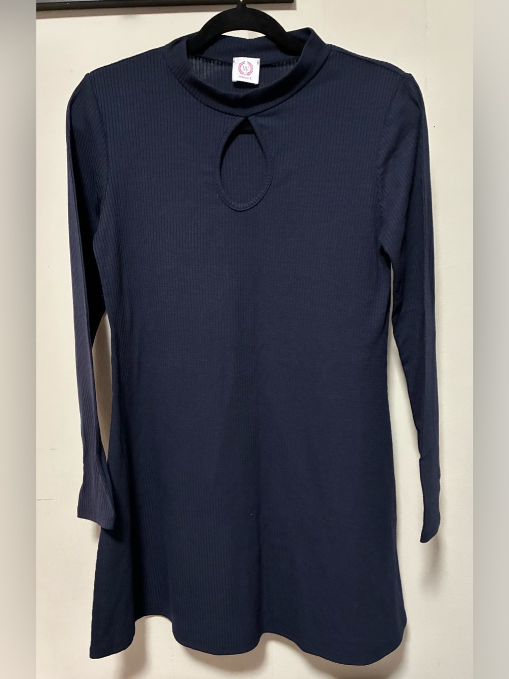 Wanna B Women’s M Blue Ribbed Knit Mock Neck Keyhole Long Sleeve Mini Dress